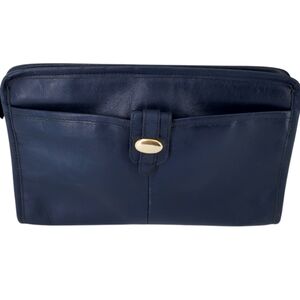 Vintage Contessa Navy Leather Zipper Clutch Goldtone Hardware Made in Hong Kong